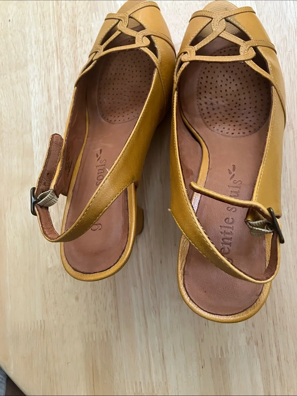 gentle souls Mustard Yellow Leather Slingback Peep-Toe Heels